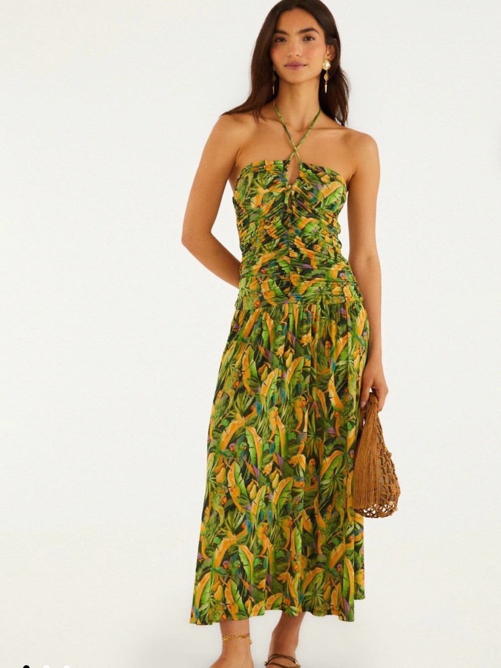 FARM Rio Green Tropical Halter-Style Maxi Dress with Yellow Accents - Picture 3 of 7